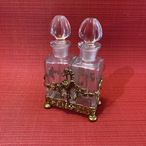 Brass Caddy & Perfume Bottles Style Of 19th Century French Baccarat Floral Motif